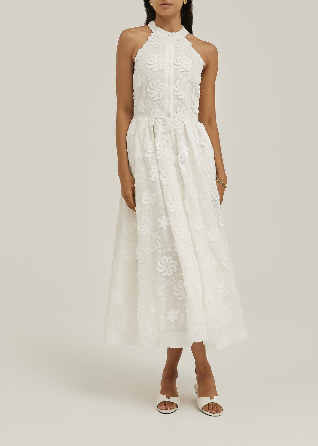 Allessia · Abito midi in cotone con ricamo floreale — Bianco