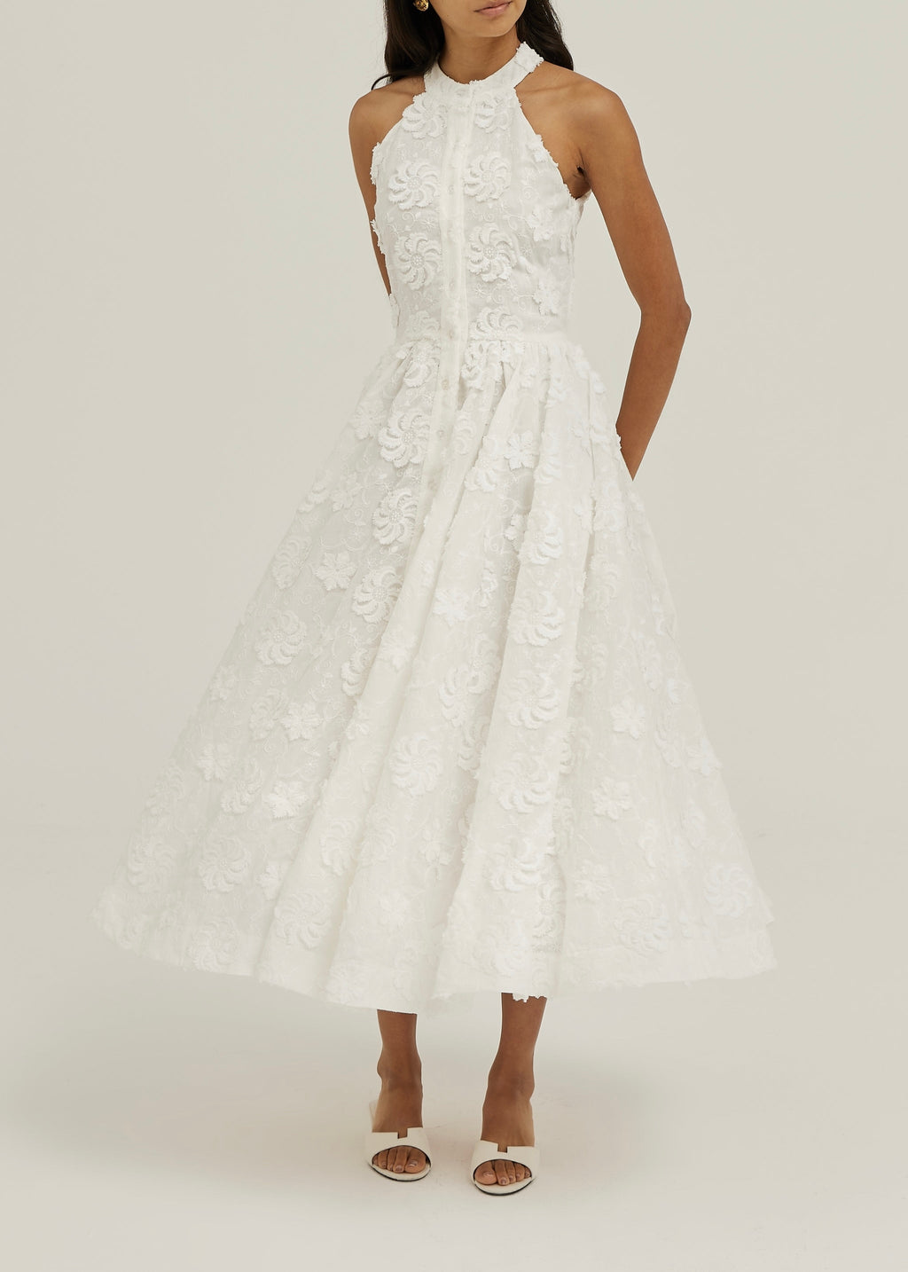 Allessia · Abito midi in cotone con ricamo floreale — Bianco