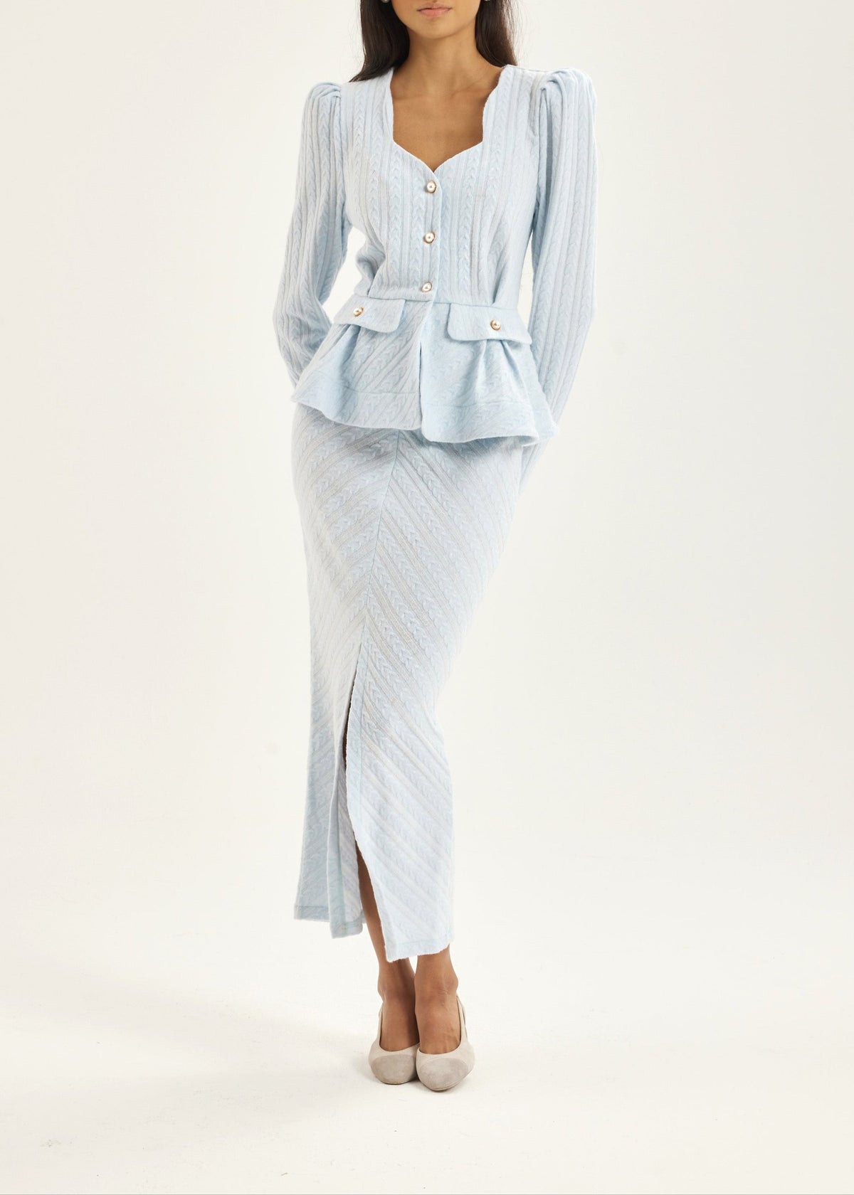 Anastasia · Giacca in maglia a trecce con peplo — Azzurro pastello
