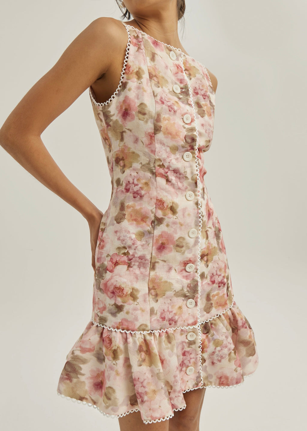 Anna · Abito a fiori con bottoni e balza — Rosa
