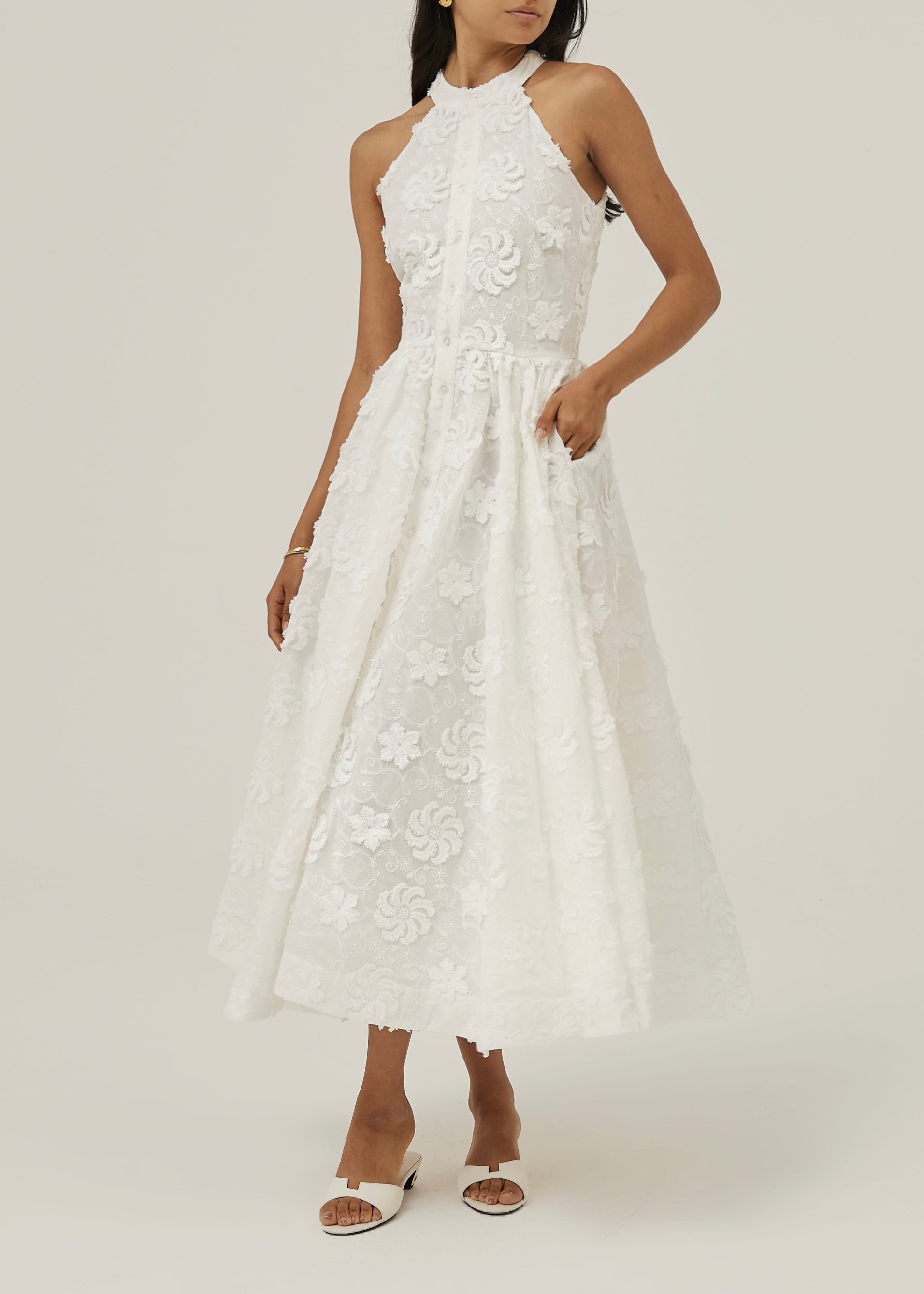 Allessia · Abito midi in cotone con ricamo floreale — Bianco