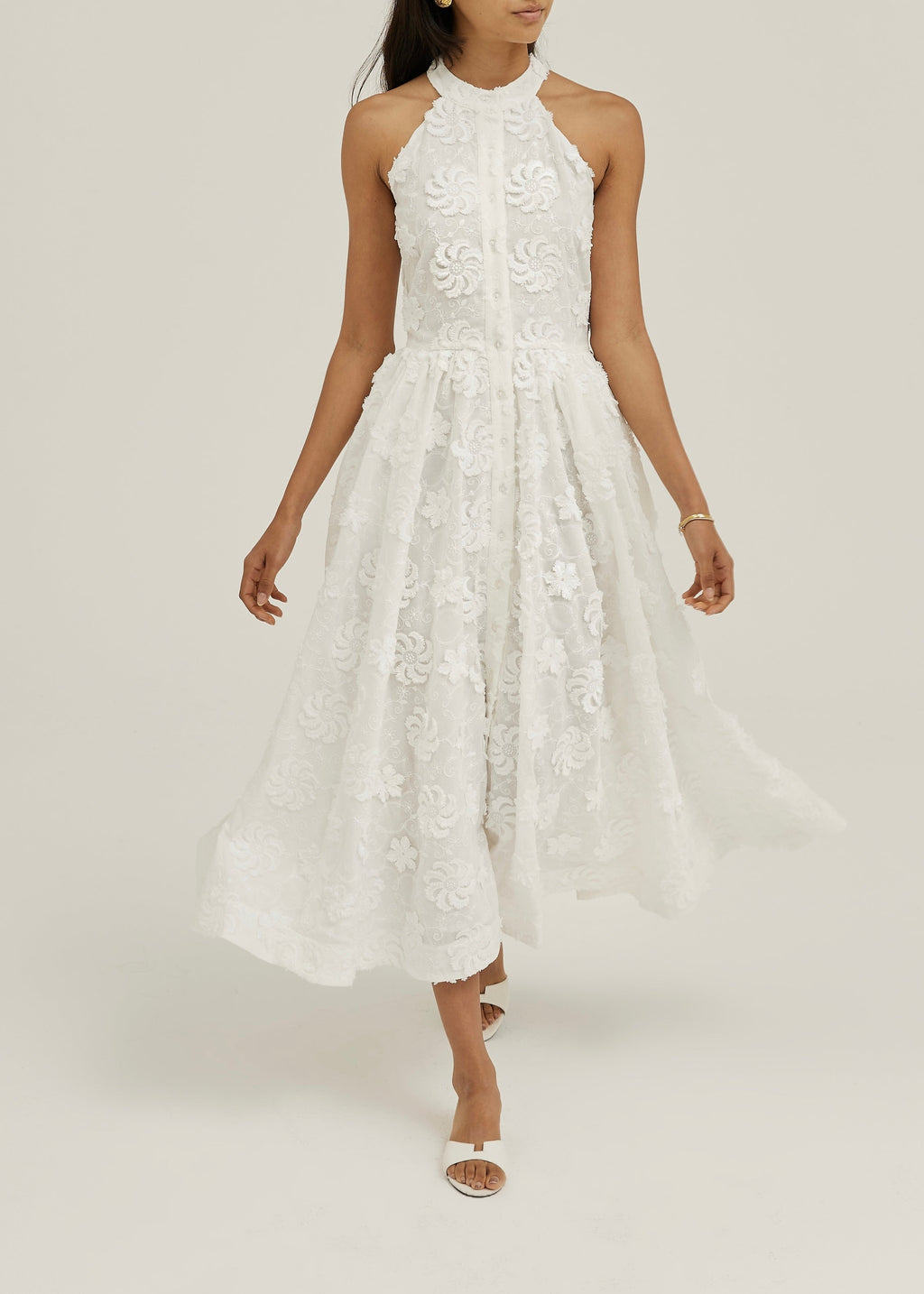Allessia · Abito midi in cotone con ricamo floreale — Bianco