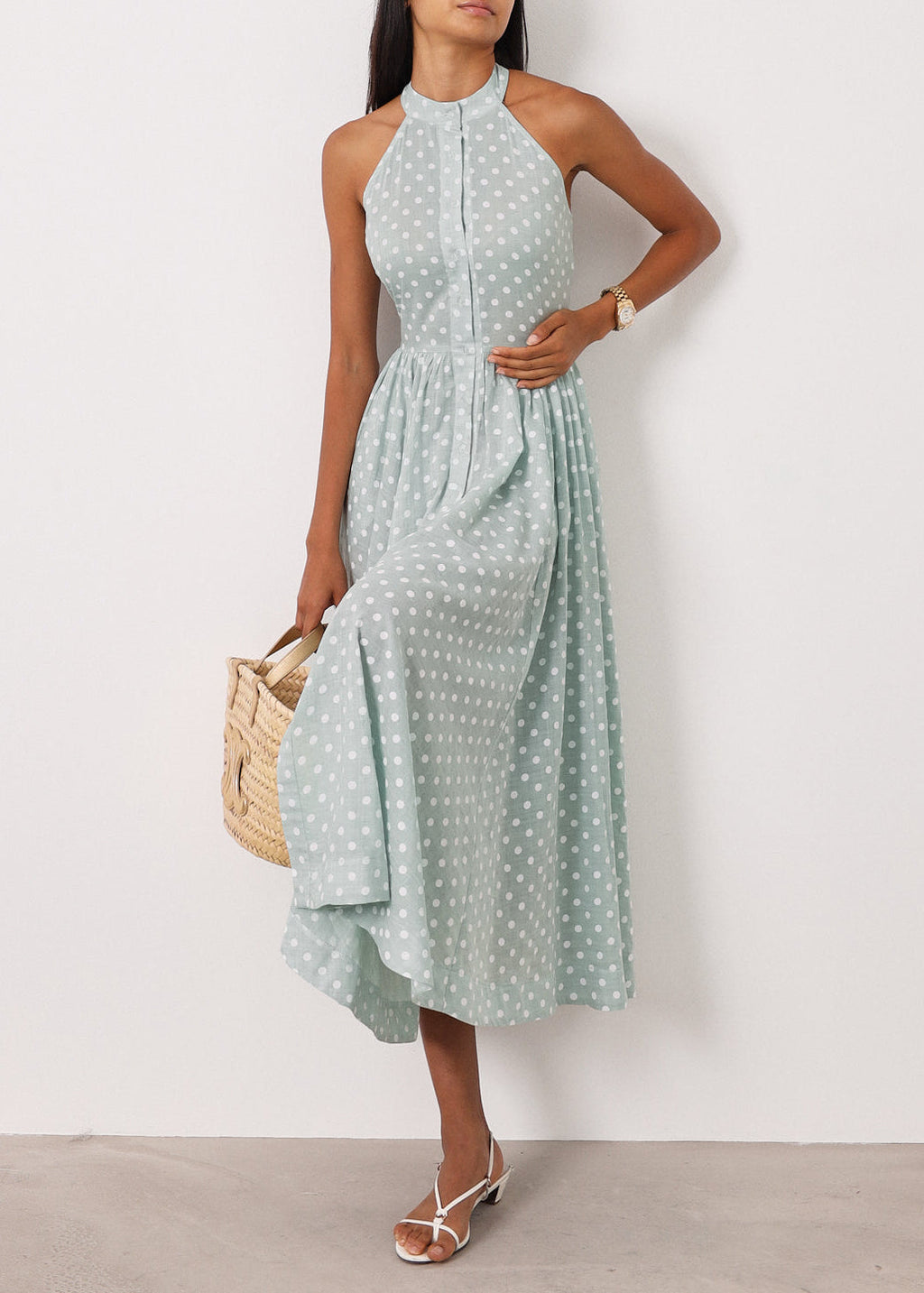 Adriana · Abito a pois in cotone — Pistacchio/Bianco