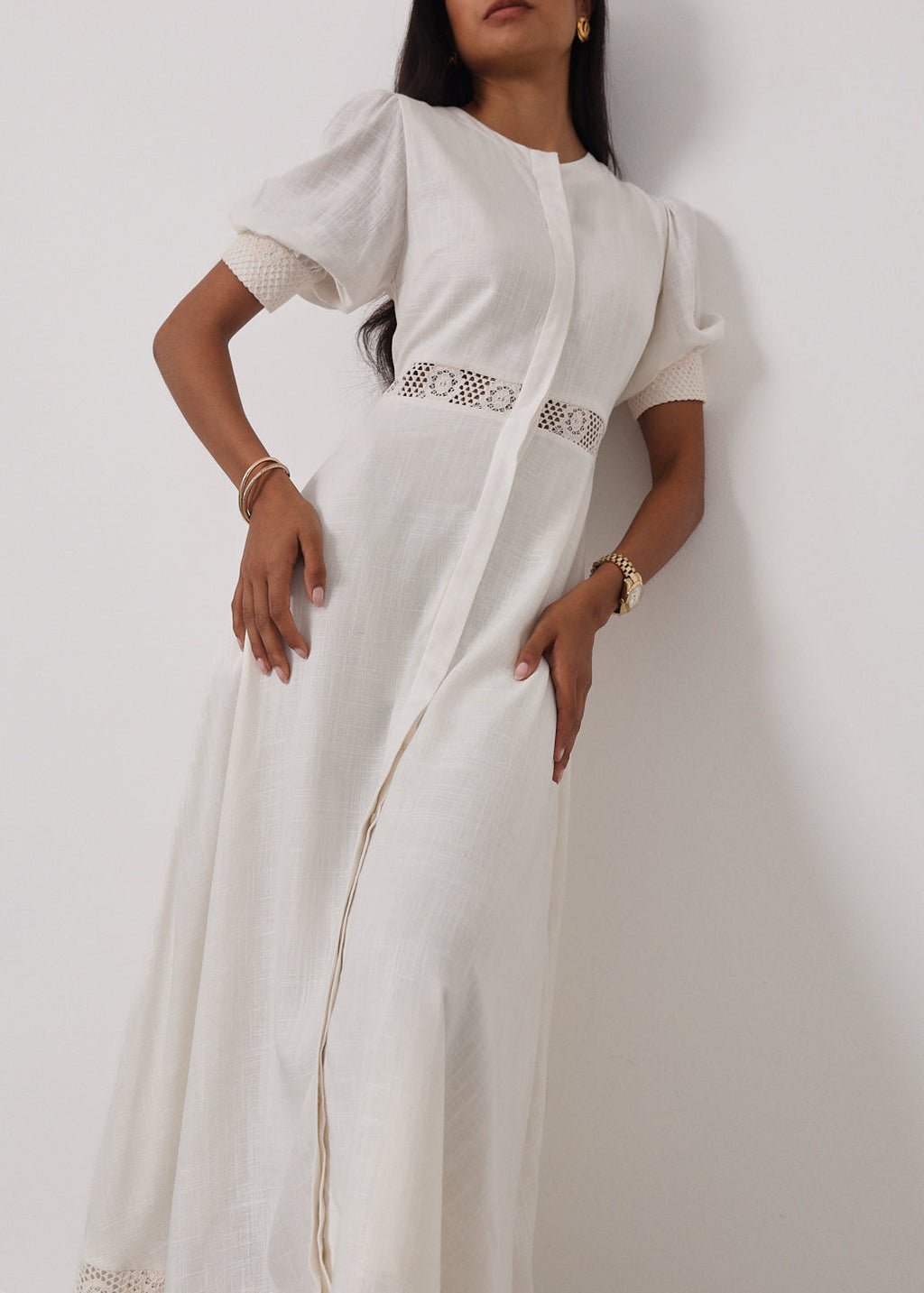 Anice · Abito in misto lino con pizzo — Avorio