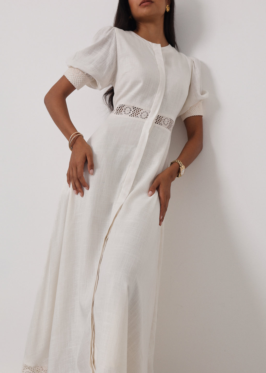 Anice · Abito in misto lino con pizzo — Avorio