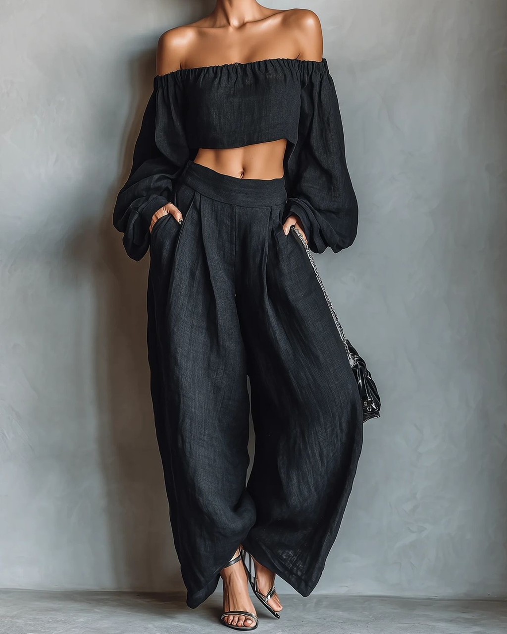 Aisha | Set med axelbandslös topp och vida byxor