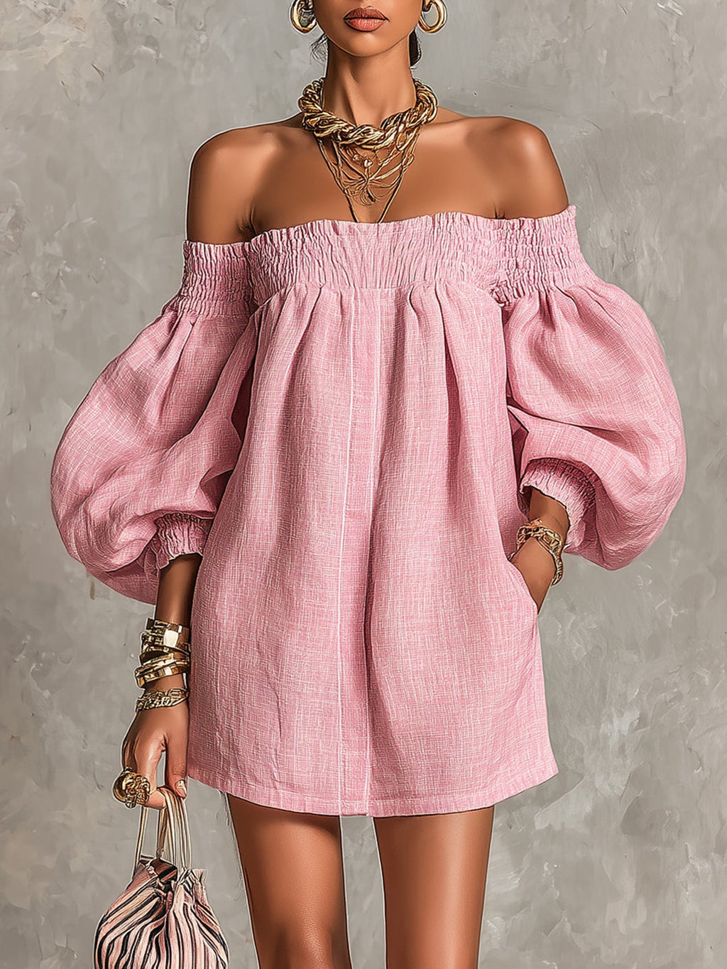 Violette · Vestido Mini Trapecio Rosa de Hombros Descubiertos