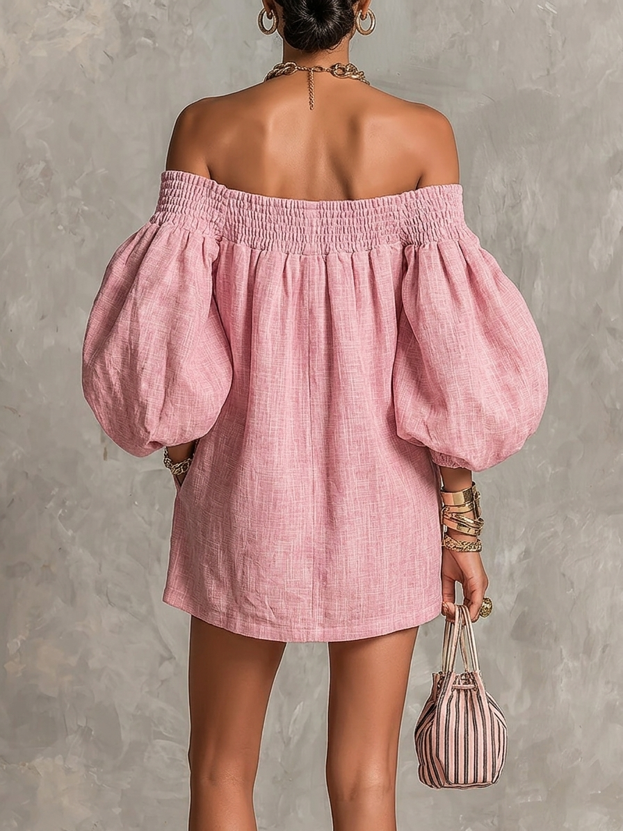 Violette · Vestido Mini Trapecio Rosa de Hombros Descubiertos