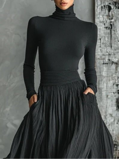 Alison All Black Turtleneck and Pleated Skirt Set