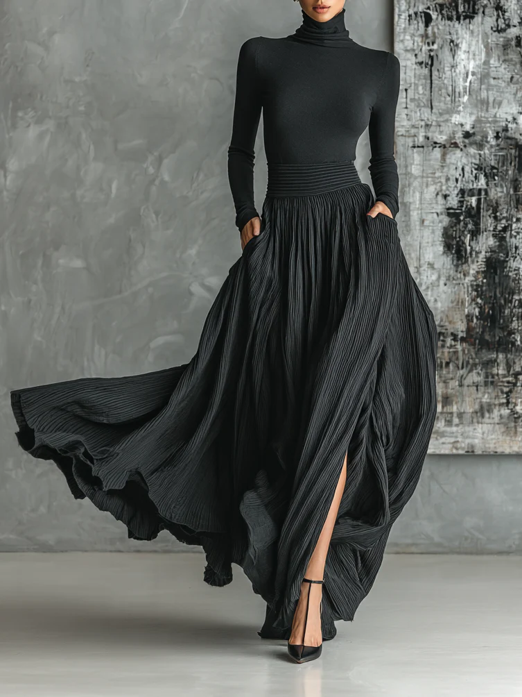 Alison All Black Turtleneck and Pleated Skirt Set