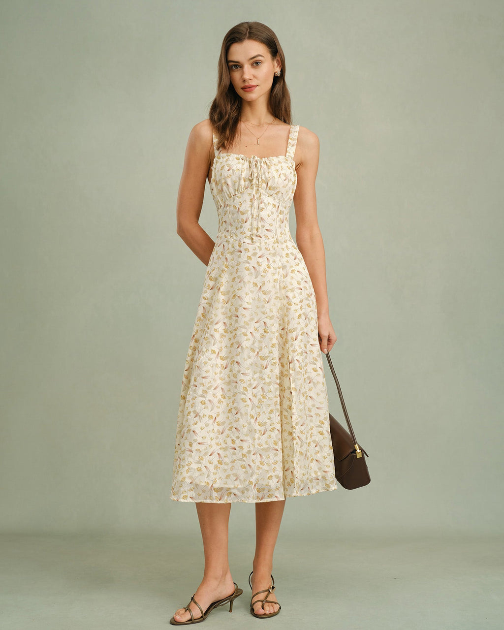 Apricot Floral Zipper Slip Midi Dress
