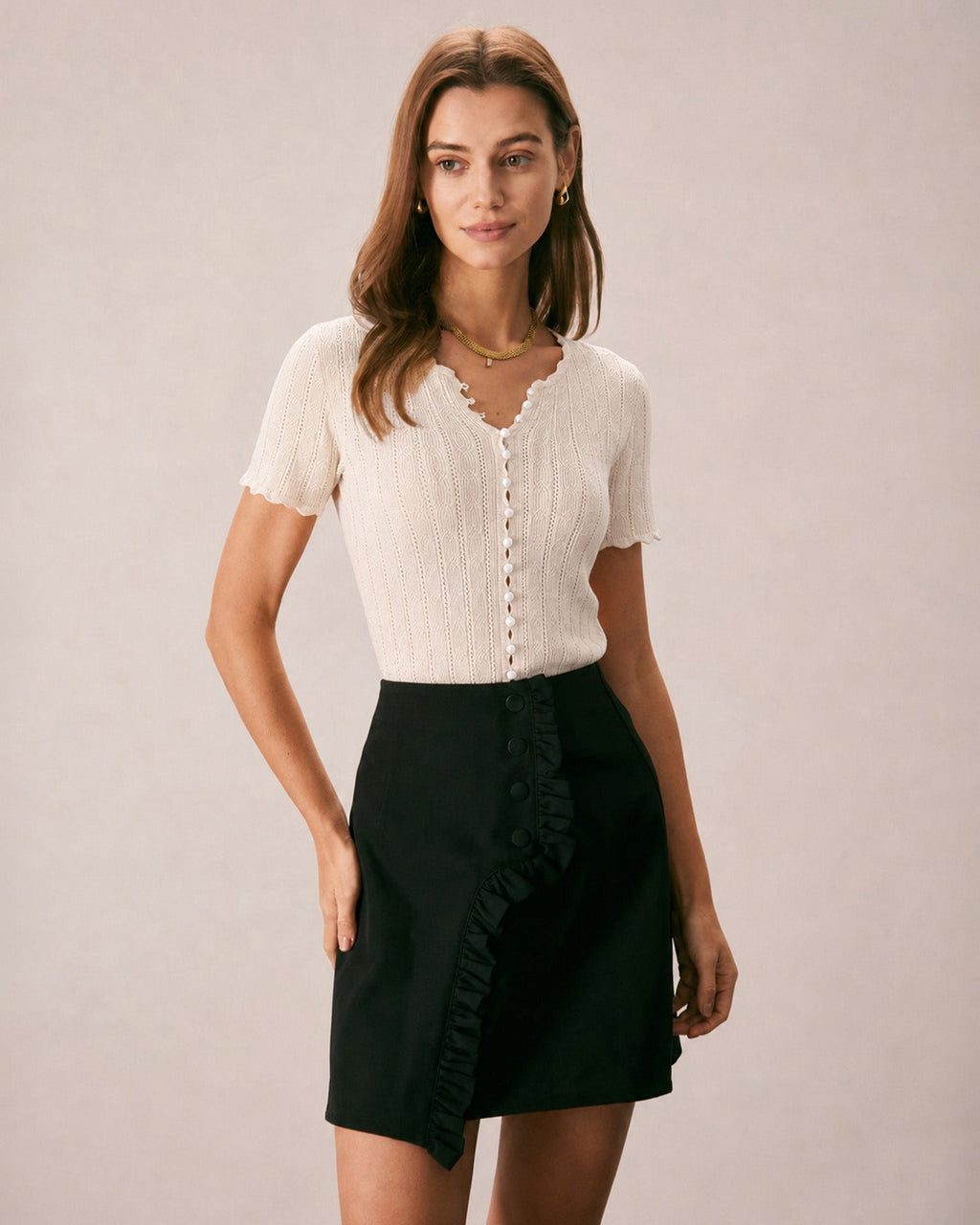 Apricot Cut Out Button Knit Sweater