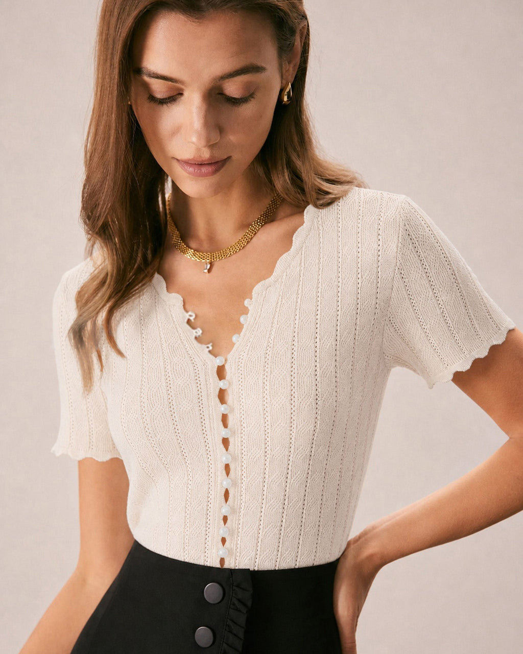 Apricot Cut Out Button Knit Sweater