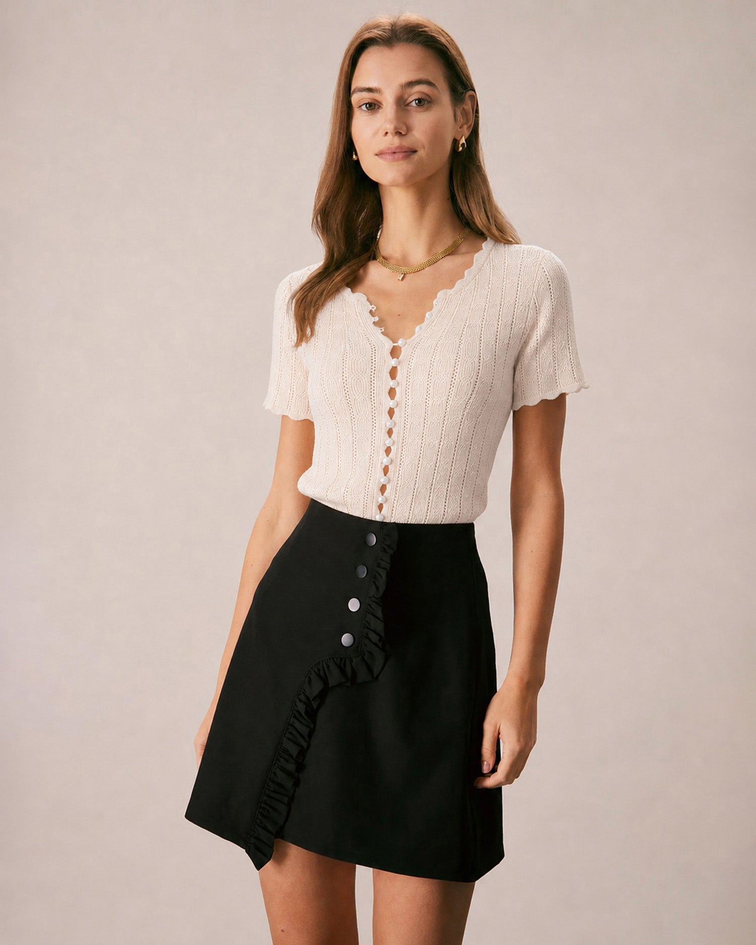 Apricot Cut Out Button Knit Sweater