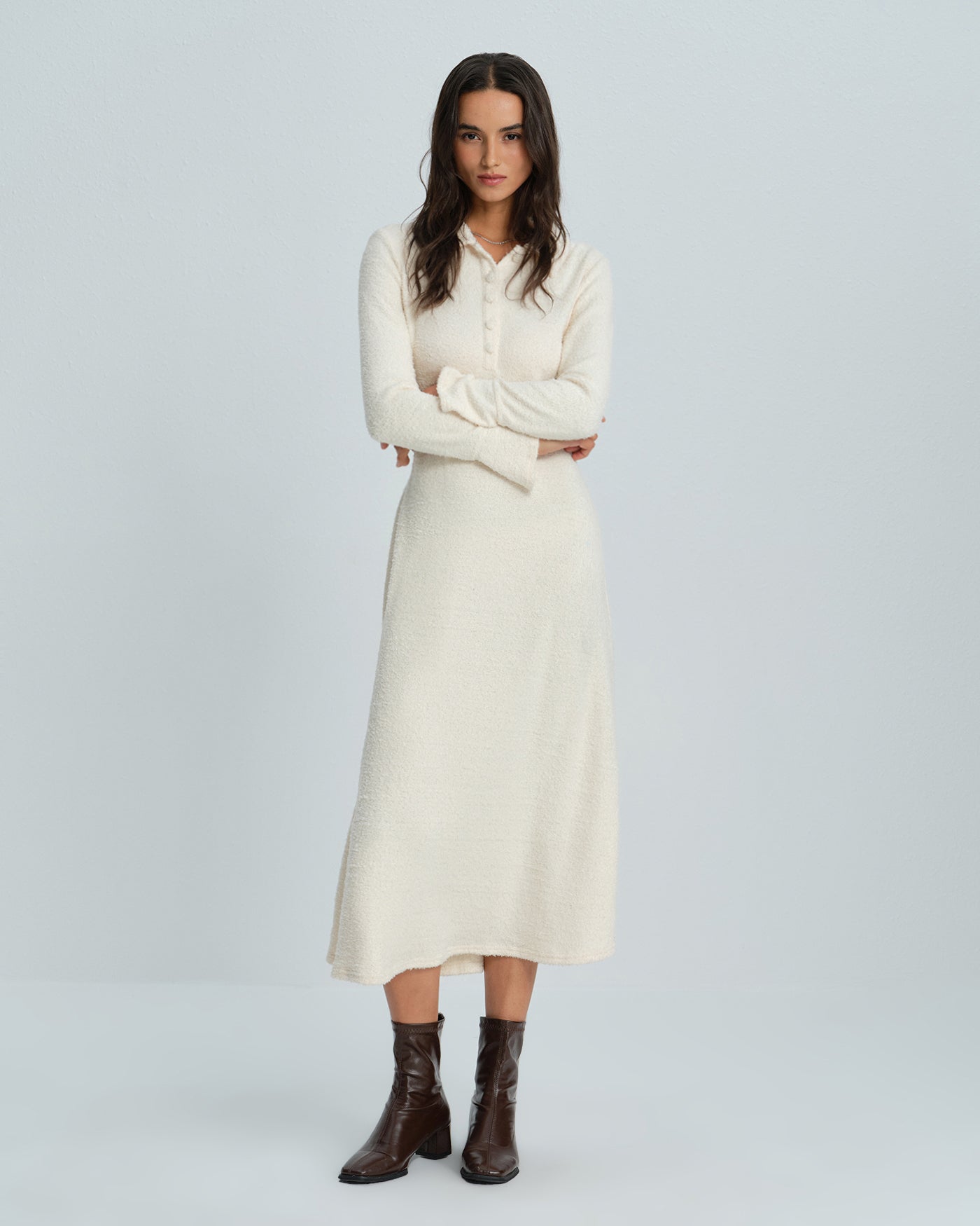 Apricot Collar Bell Sleeve Midi Dress
