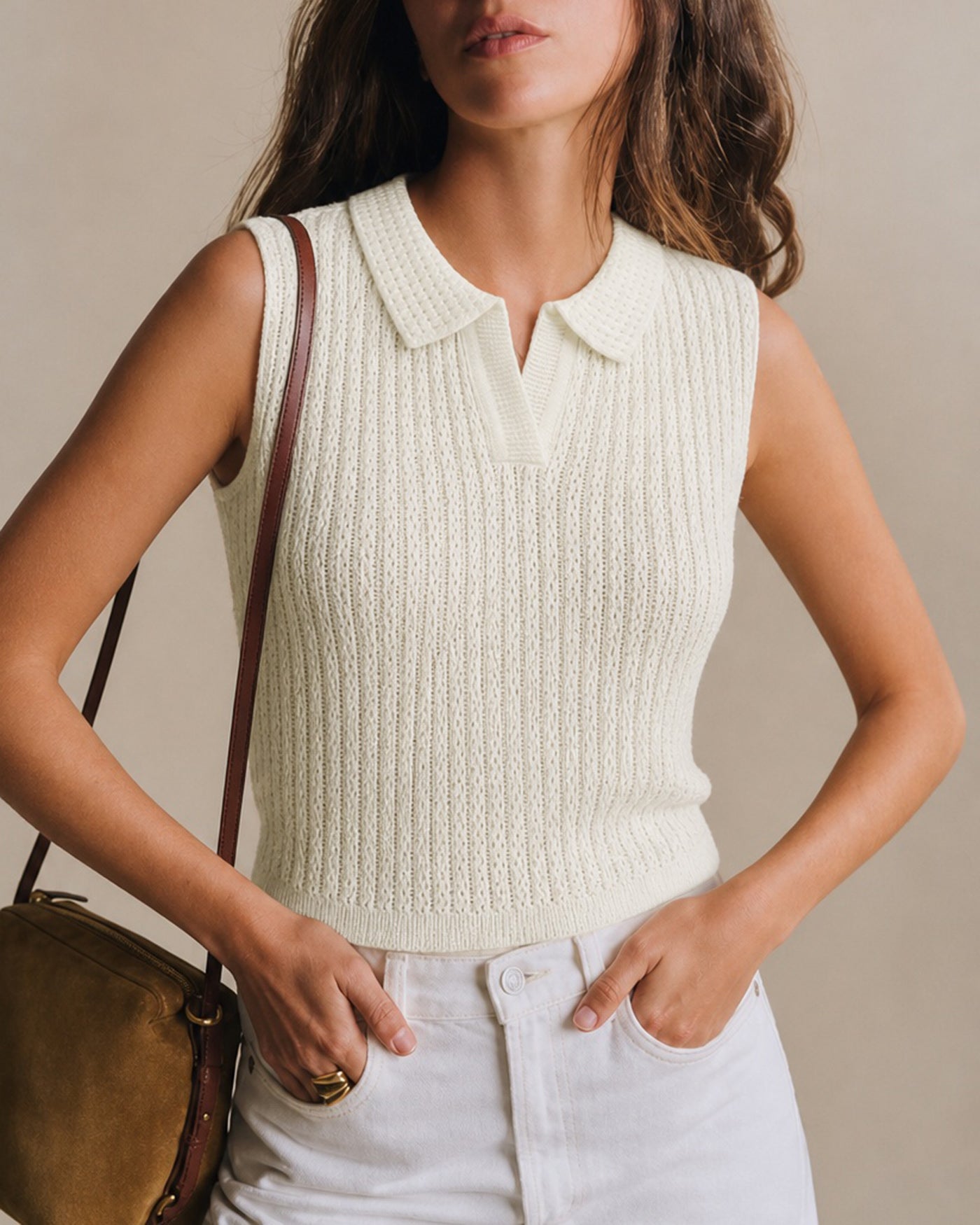 Apricot Collar Cut Out Textured Tank