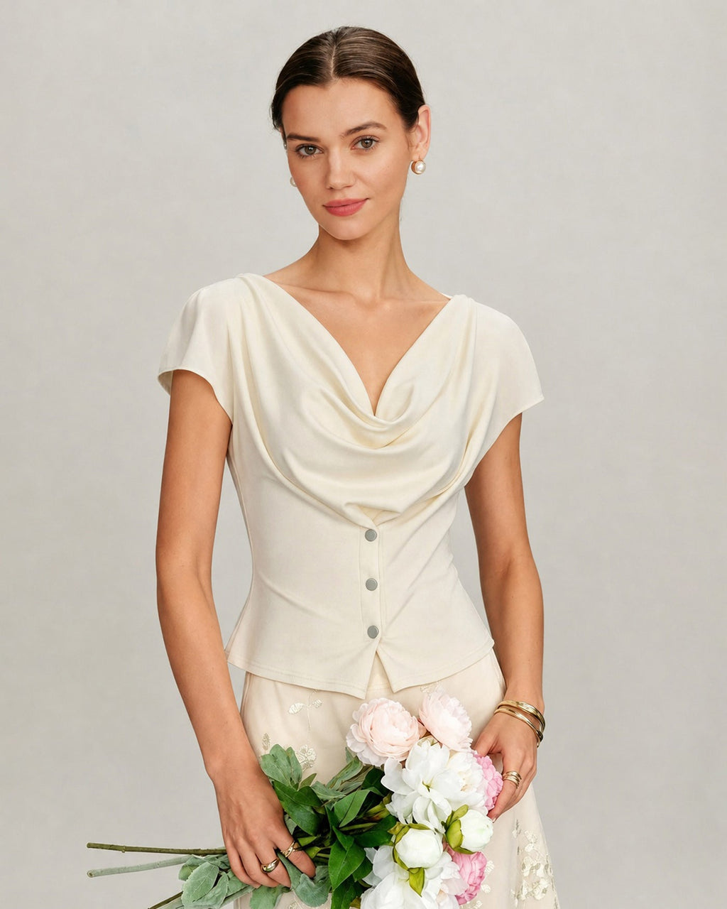 Apricot Cowl Neck Button Knit Tee