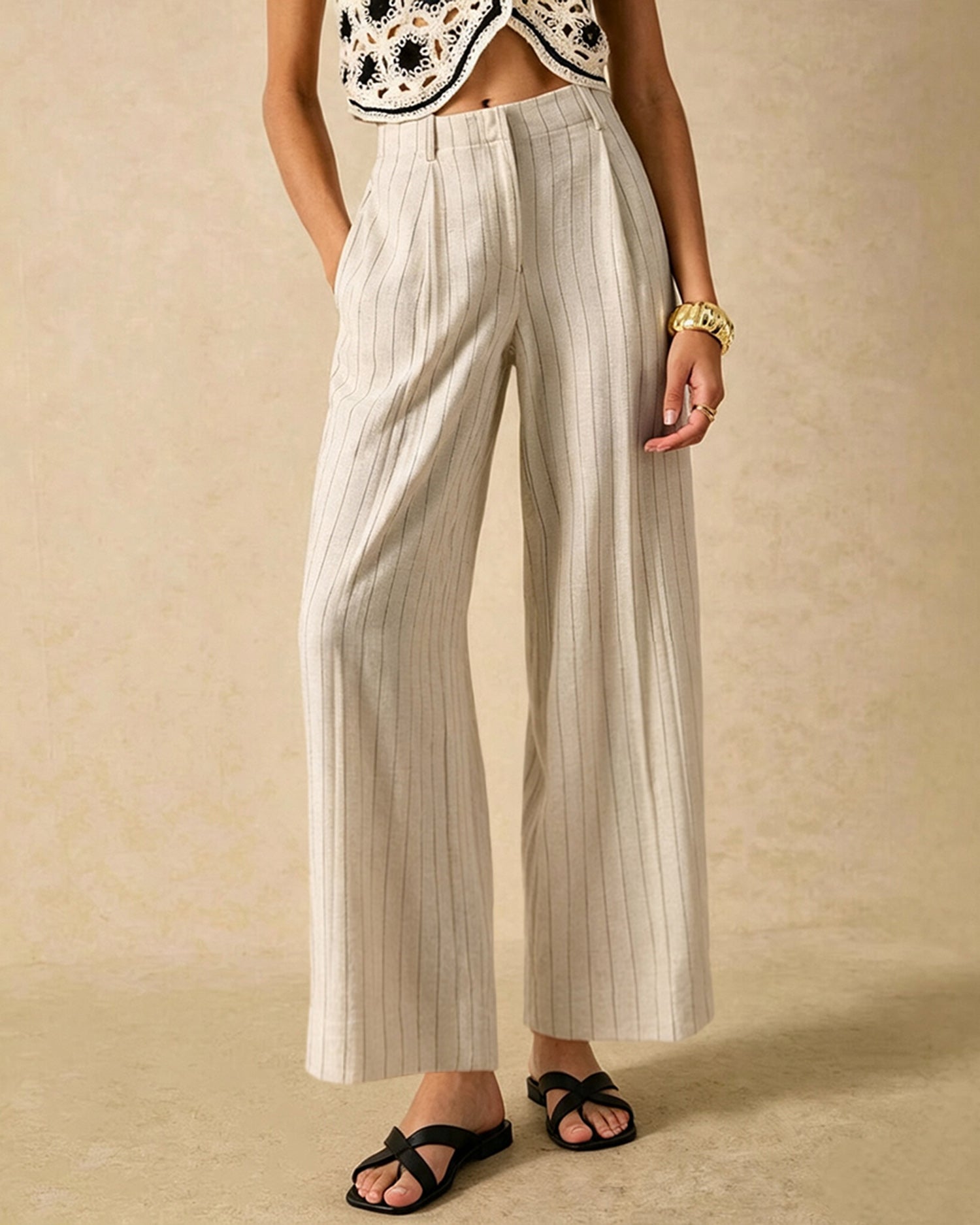 Apricot Elastic Waist Pockets Straight Pants