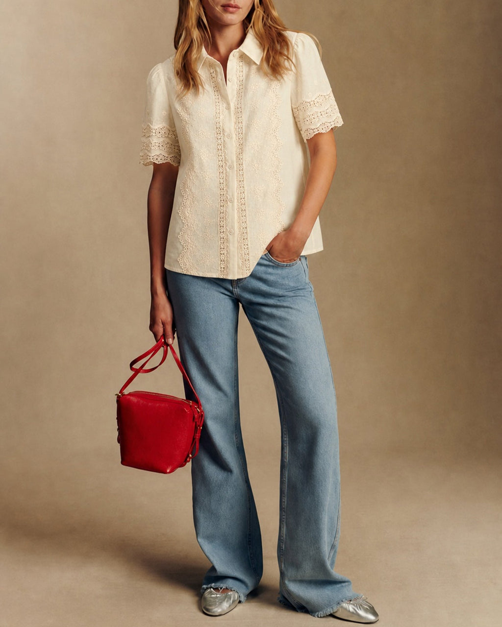 Apricot Cut Out Splicing Button Shirt