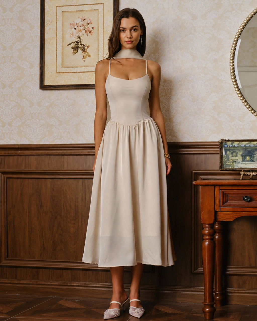 Apricot Flowy Slip Chiffon Midi Dress
