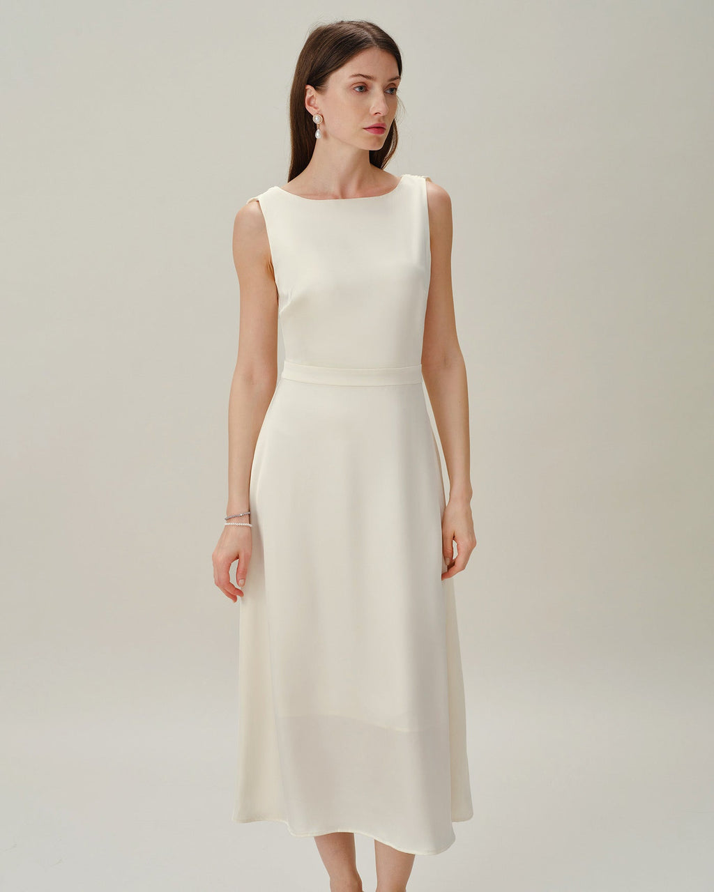 Apricot Boat Neck Pearl Satin Midi Dress
