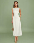 Apricot Boat Neck Pearl Satin Midi Dress