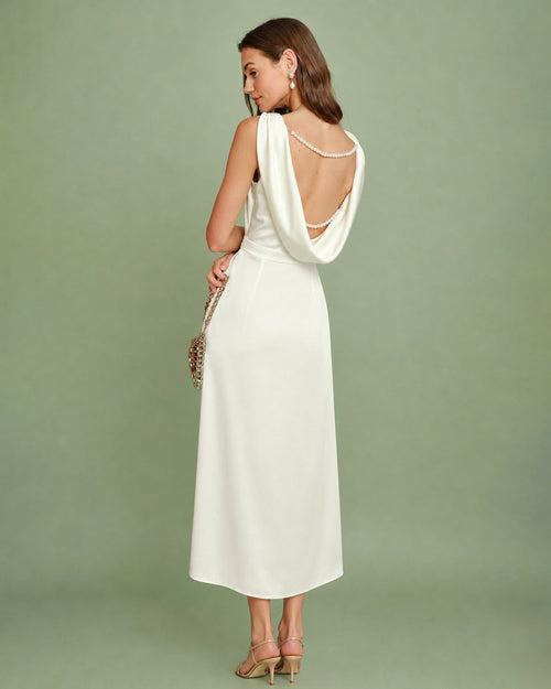 Apricot Boat Neck Pearl Satin Midi Dress