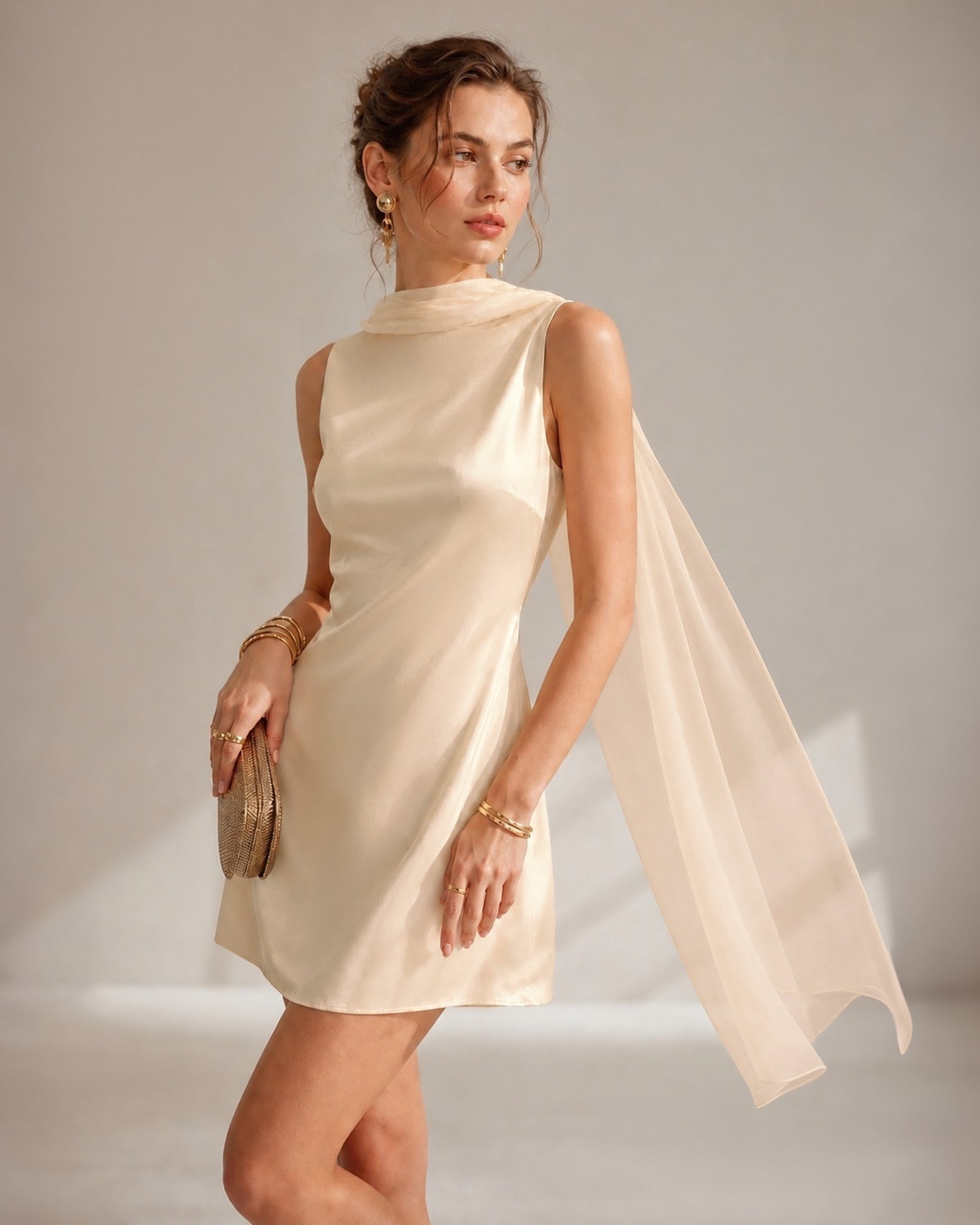 Apricot Boat Neck Tie Satin Mini Dress