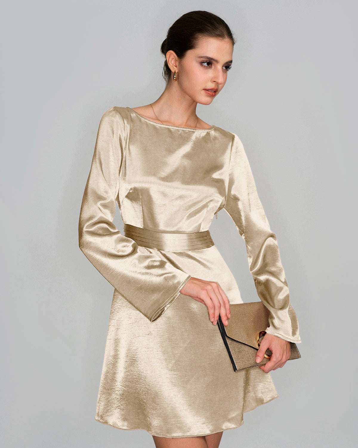 Apricot Boat Neck Satin A-Line Mini Dress