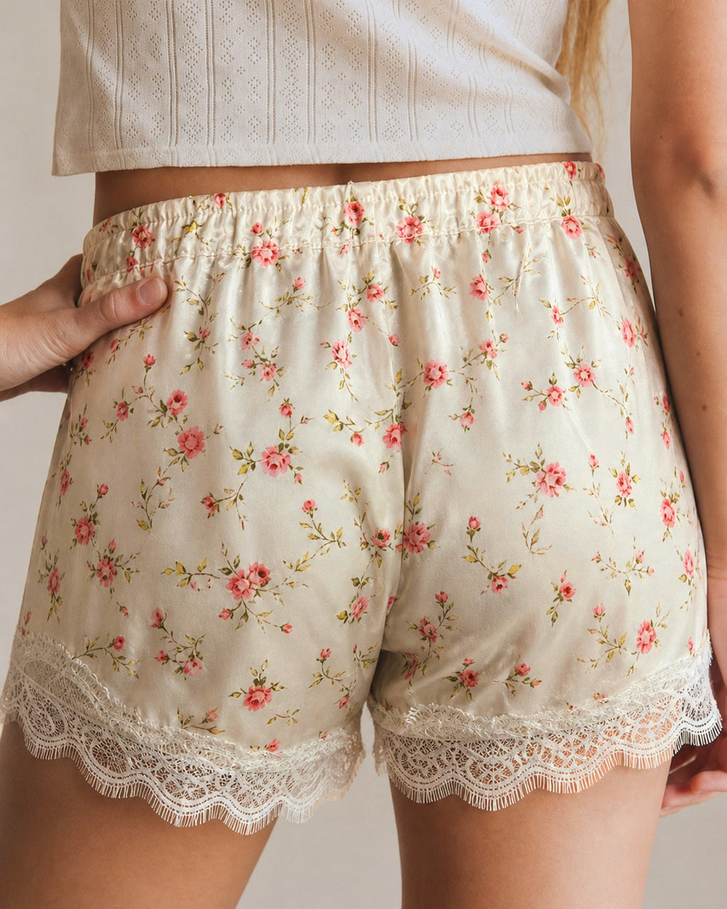 Apricot Elastic Waist Lace Floral Shorts