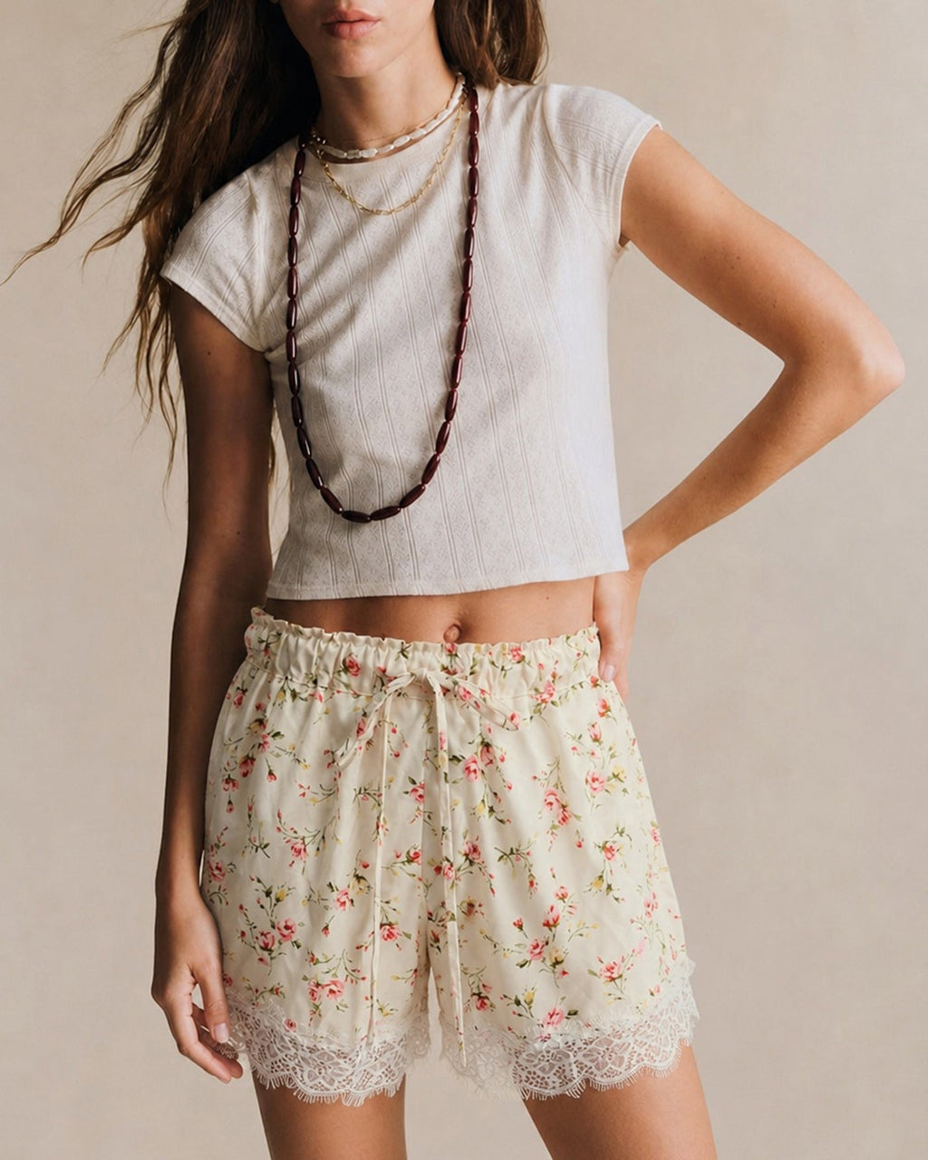 Apricot Elastic Waist Lace Floral Shorts