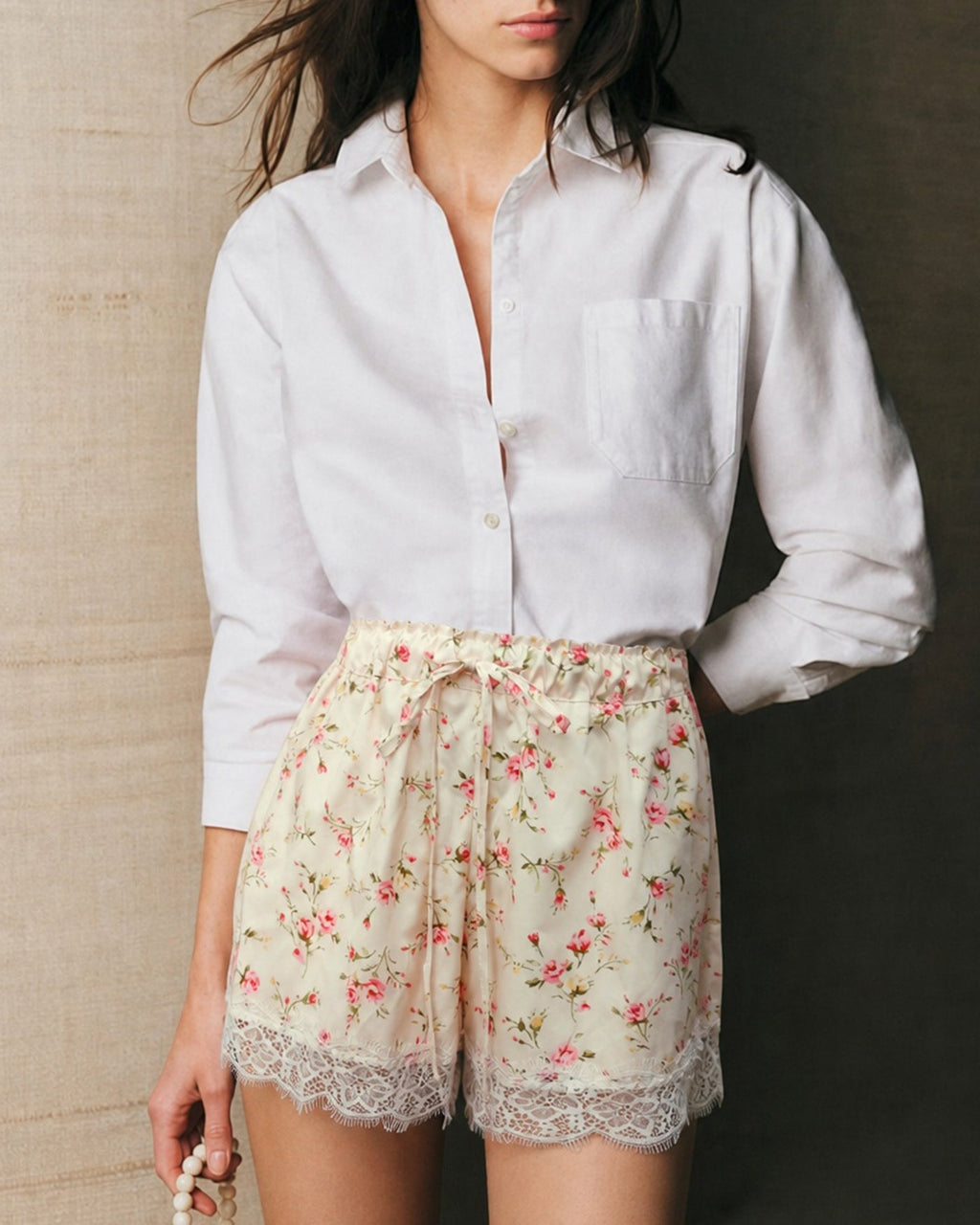 Apricot Elastic Waist Lace Floral Shorts