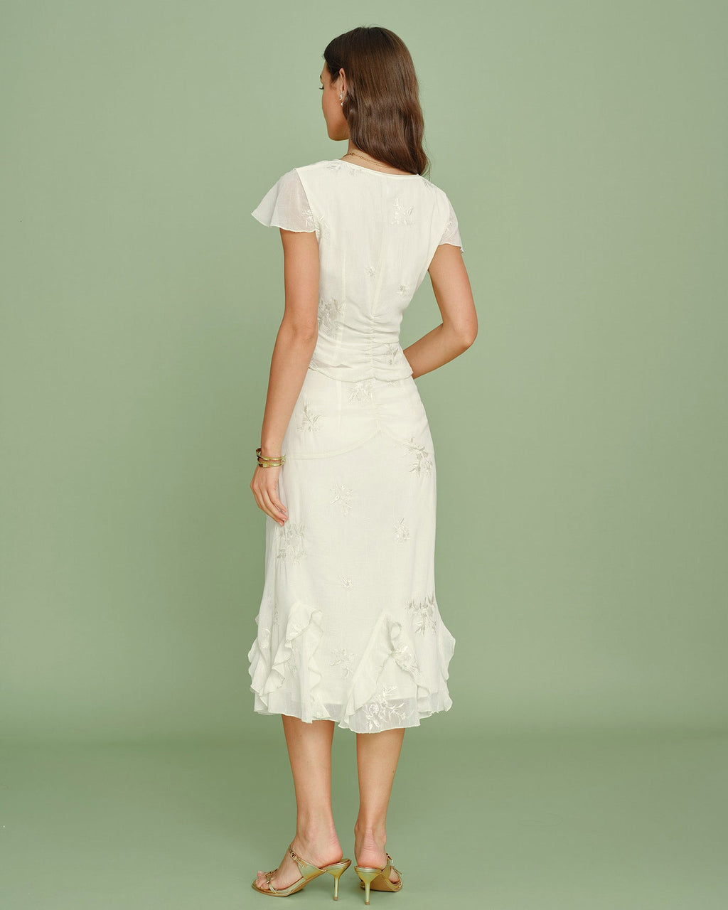 Apricot Embroidery Ruffle Midi Skirt