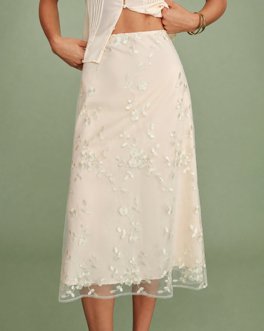 Apricot Floral Embroidery Mesh Midi Skirt