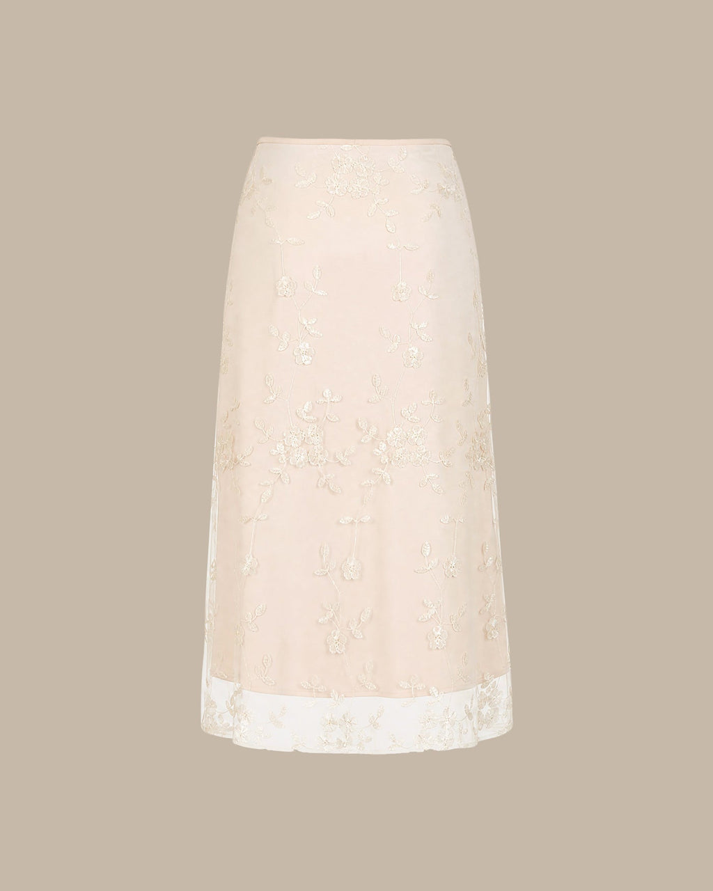 Apricot Floral Embroidery Mesh Midi Skirt