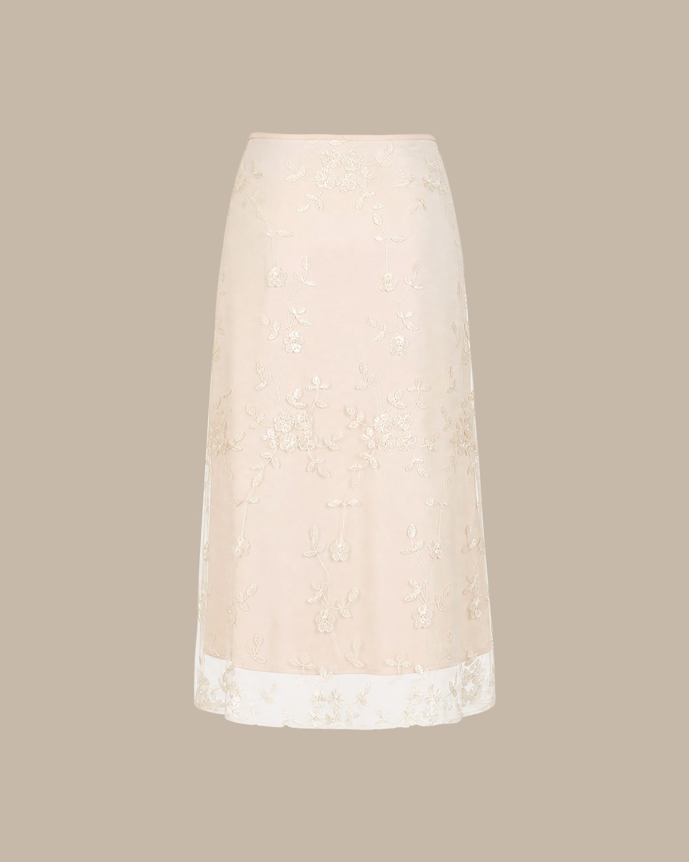 Apricot Floral Embroidery Mesh Midi Skirt