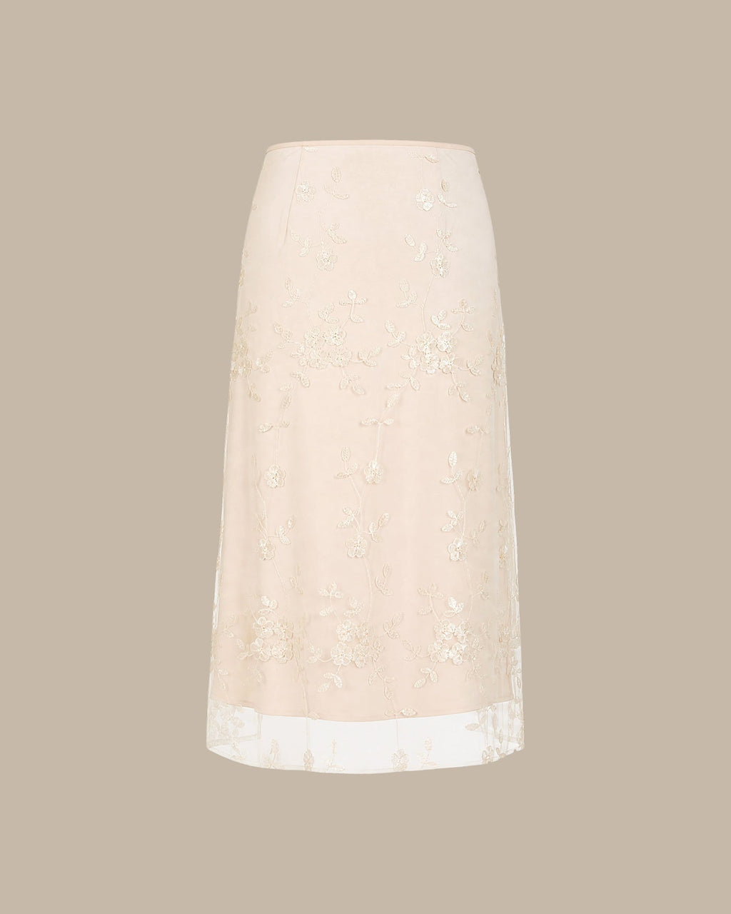 Apricot Floral Embroidery Mesh Midi Skirt