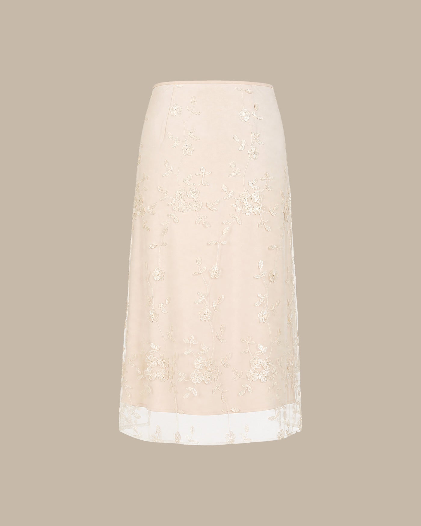 Apricot Floral Embroidery Mesh Midi Skirt