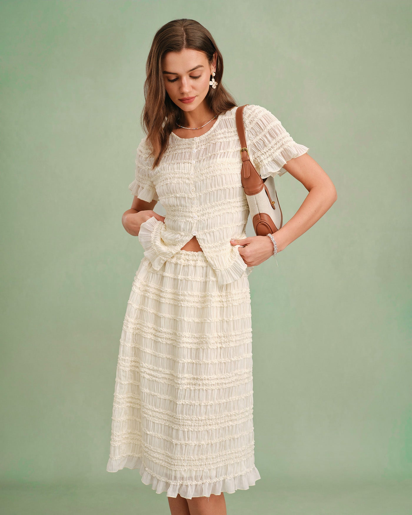 Apricot Elastic Waist Shirred Midi Skirt