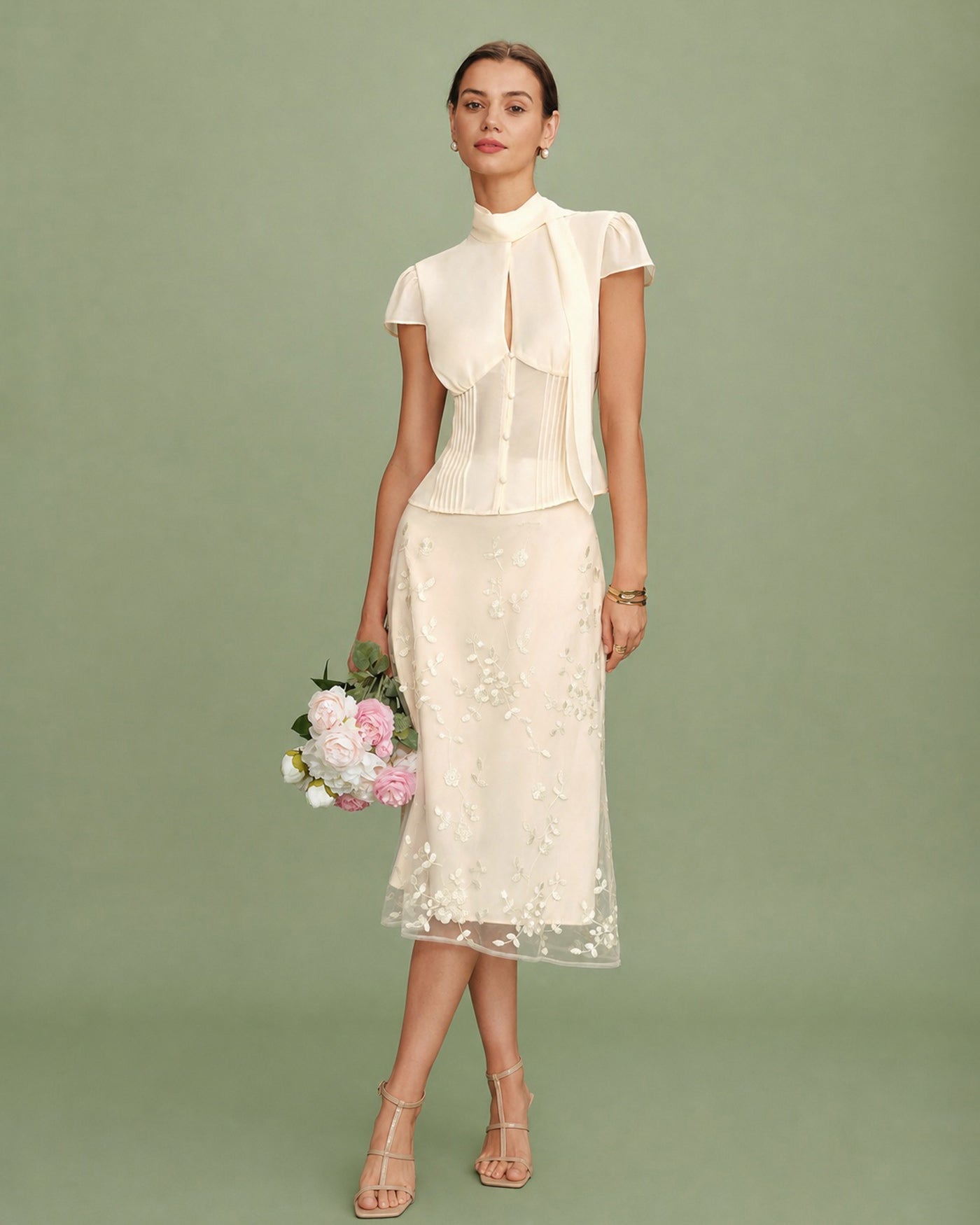 Apricot Floral Embroidery Mesh Midi Skirt