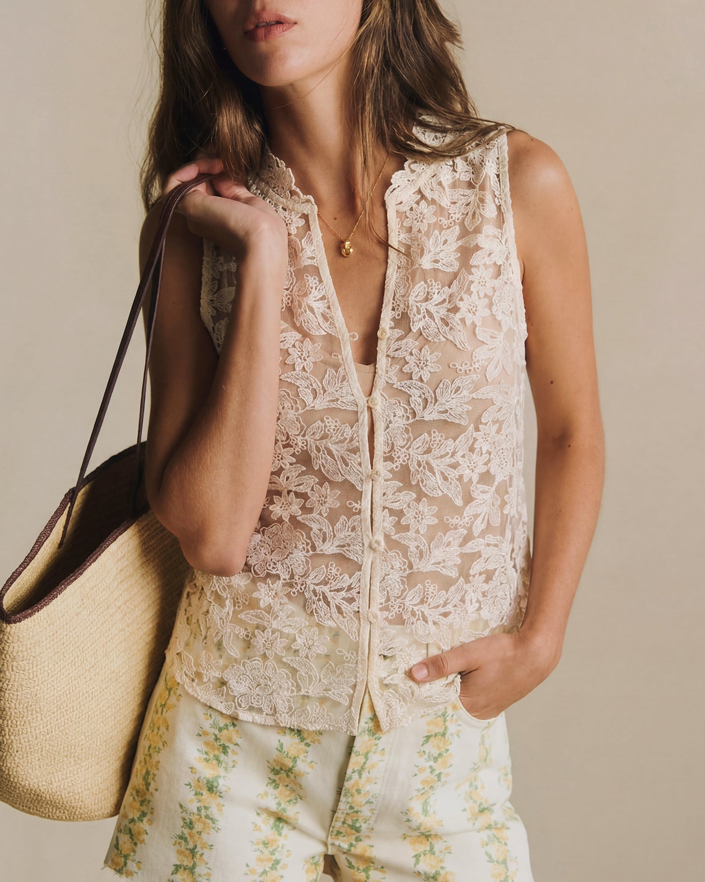 Apricot Embroidery See Through Tank Top
