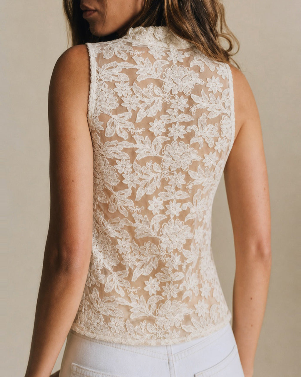 Apricot Embroidery See Through Tank Top